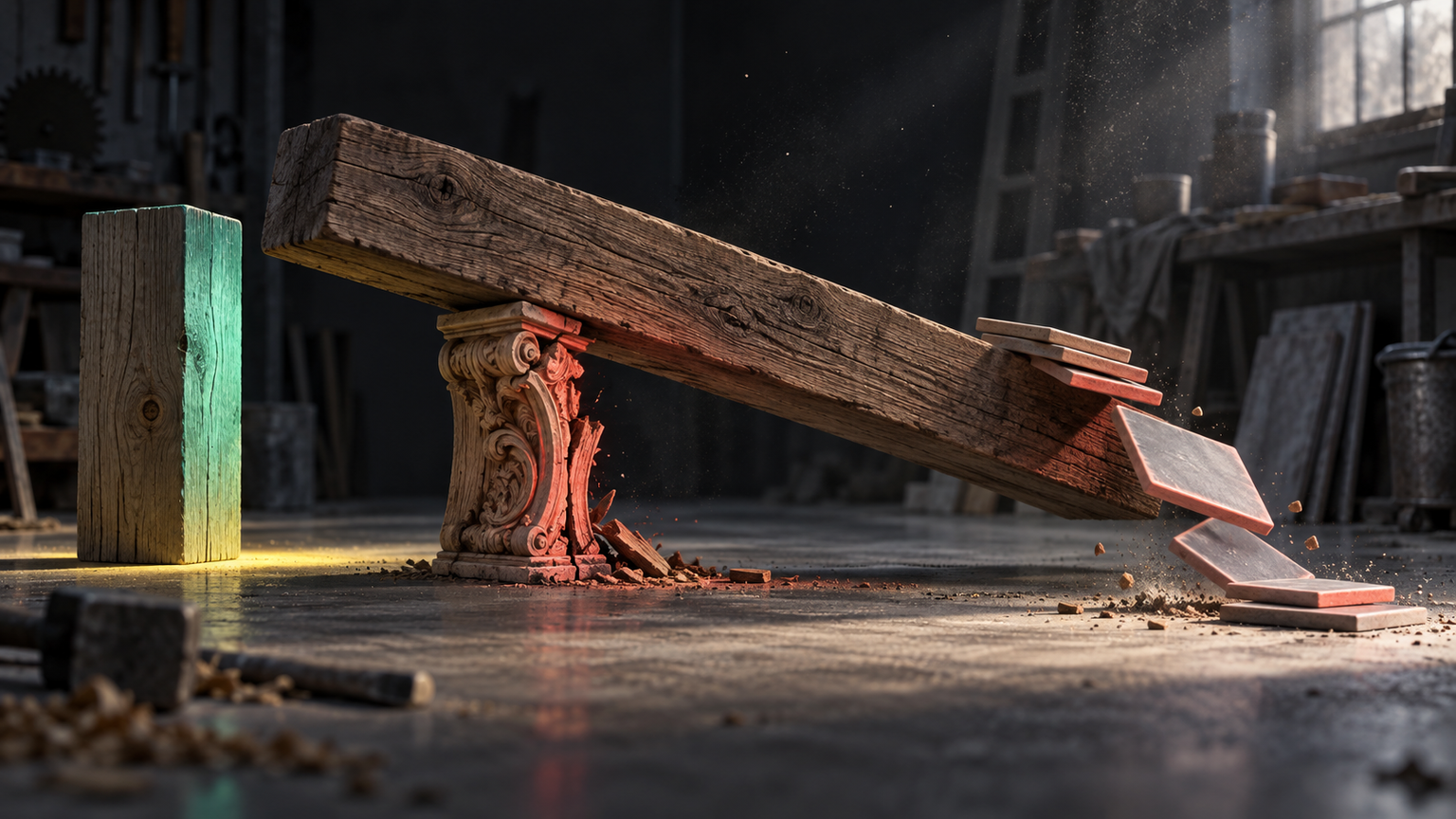 A heavy oak plank in a dim workshop rests its full weight on a slim carved decorative molding instead of the stout timber post standing unused beside it. The plank has tipped, and stacked ceramic tiles slide off its low end toward the floor. Low horizontal viewpoint, hard raking sidelight, dust in the air. No lettering, no people, no hands.